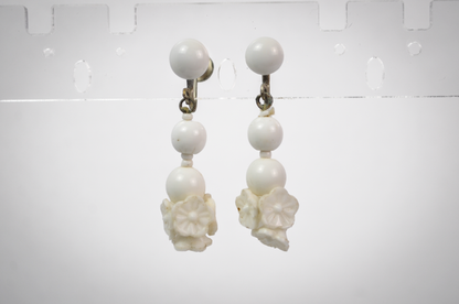 Vintage Japanese White Milk Glass Beads & Floral Screw Back Earrings - Stunning Japanese Milk Glass Beaded Dangle Screw Back Earrings