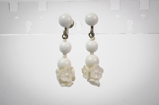 Vintage Japanese White Milk Glass Beads & Floral Screw Back Earrings - Stunning Japanese Milk Glass Beaded Dangle Screw Back Earrings