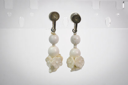 Vintage Japanese White Milk Glass Beads & Floral Screw Back Earrings - Stunning Japanese Milk Glass Beaded Dangle Screw Back Earrings