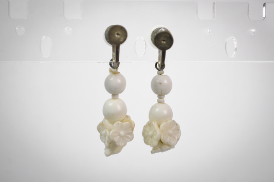 Vintage Japanese White Milk Glass Beads & Floral Screw Back Earrings - Stunning Japanese Milk Glass Beaded Dangle Screw Back Earrings
