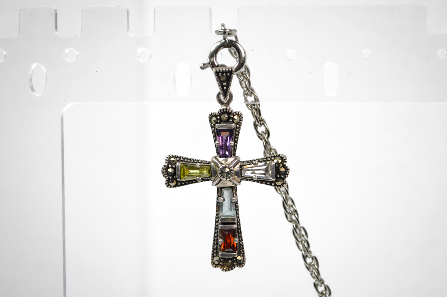 Vintage 925 Sterling Silver Multicolored Gemstone Marcasite Cross Pendant - Stunning Marcasite Rainbow Gemstone Necklace Pendant