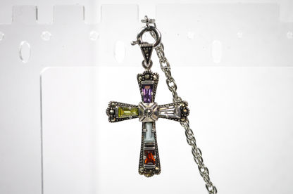 Vintage 925 Sterling Silver Multicolored Gemstone Marcasite Cross Pendant - Stunning Marcasite Rainbow Gemstone Necklace Pendant
