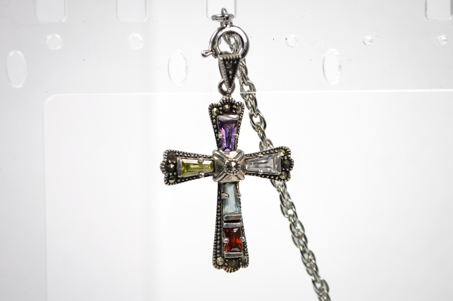 Vintage 925 Sterling Silver Multicolored Gemstone Marcasite Cross Pendant - Stunning Marcasite Rainbow Gemstone Necklace Pendant