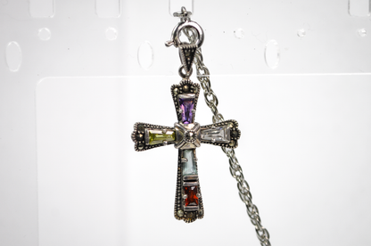 Vintage 925 Sterling Silver Multicolored Gemstone Marcasite Cross Pendant - Stunning Marcasite Rainbow Gemstone Necklace Pendant