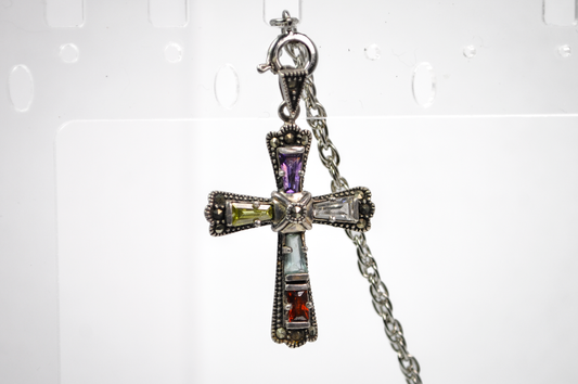 Vintage 925 Sterling Silver Multicolored Gemstone Marcasite Cross Pendant - Stunning Marcasite Rainbow Gemstone Necklace Pendant