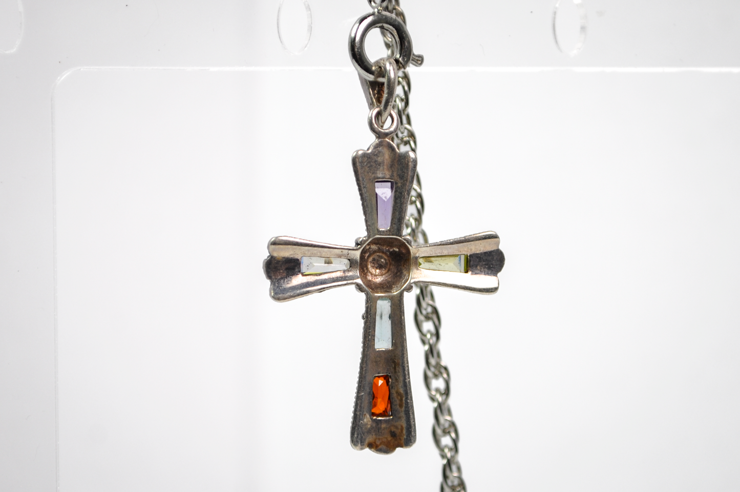 Vintage 925 Sterling Silver Multicolored Gemstone Marcasite Cross Pendant - Stunning Marcasite Rainbow Gemstone Necklace Pendant