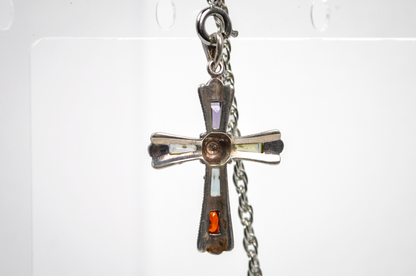 Vintage 925 Sterling Silver Multicolored Gemstone Marcasite Cross Pendant - Stunning Marcasite Rainbow Gemstone Necklace Pendant