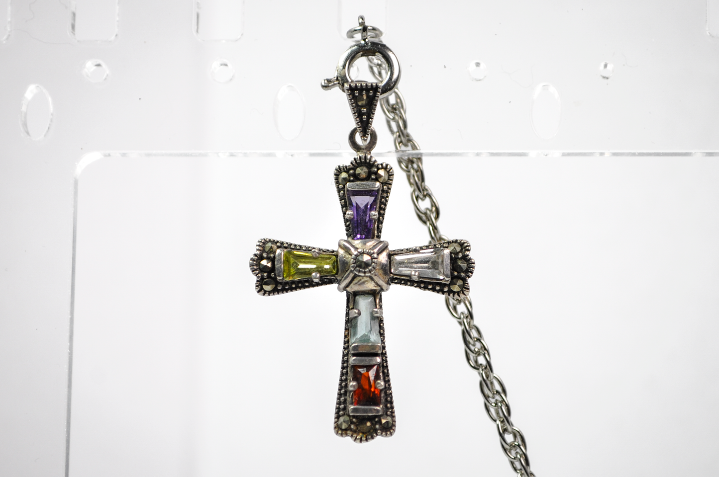 Vintage 925 Sterling Silver Multicolored Gemstone Marcasite Cross Pendant - Stunning Marcasite Rainbow Gemstone Necklace Pendant
