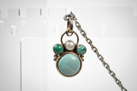 Beautiful & Unusual Turquoise/Pearl Sterling Necklace Pendant - Multi-Stone Turquoise Sterling Silver Vintage Pendant