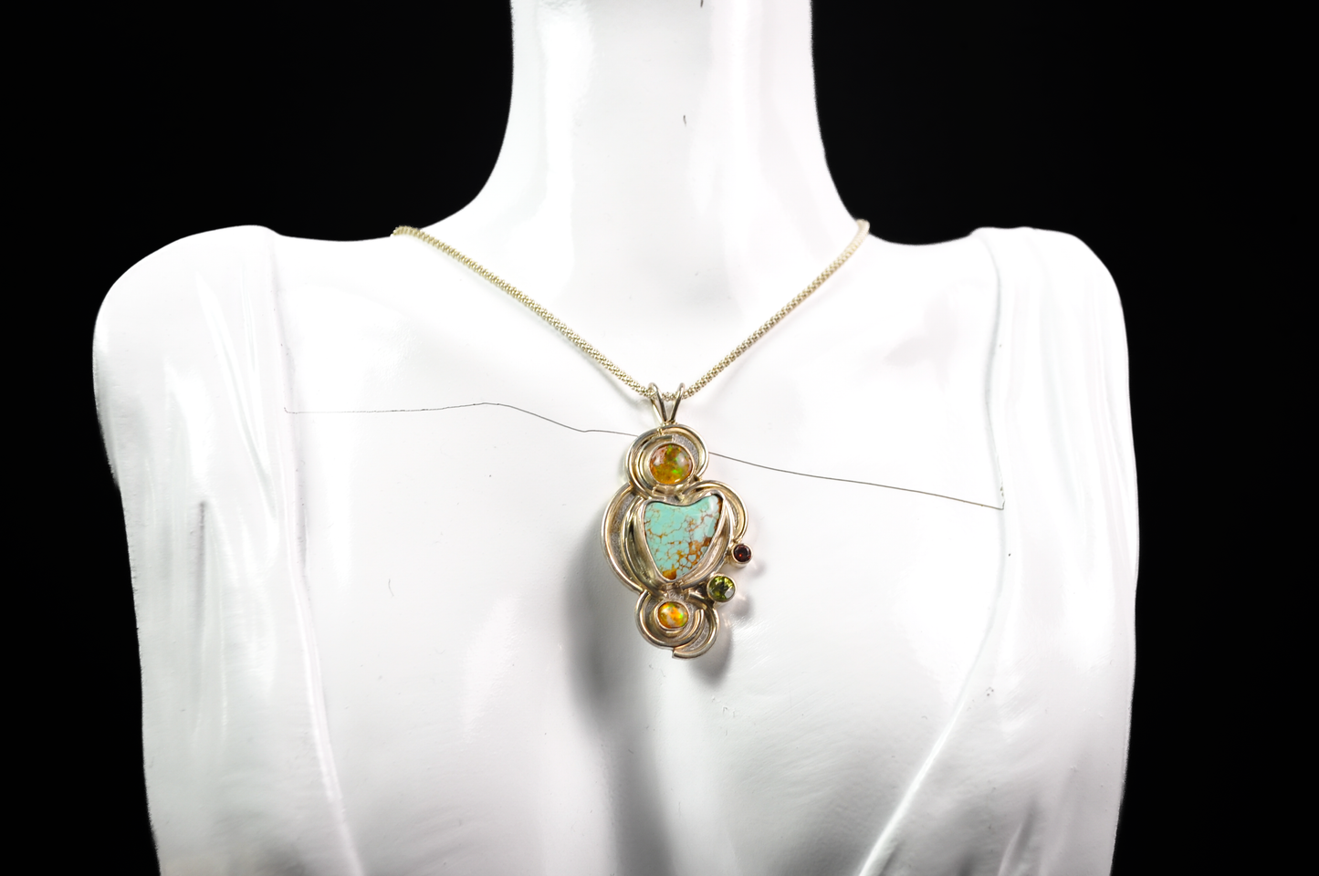 Vintage Abstract Turquoise and Mexican Fire Opal 925 Sterling Necklace - Sterling .925 Deep Matrix Turquoise & Fire Opal Necklace