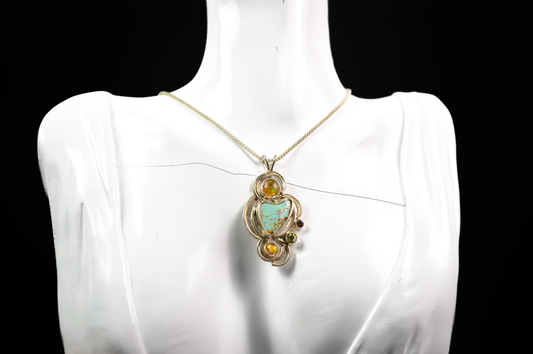 Vintage Abstract Turquoise and Mexican Fire Opal 925 Sterling Necklace - Sterling .925 Deep Matrix Turquoise & Fire Opal Necklace