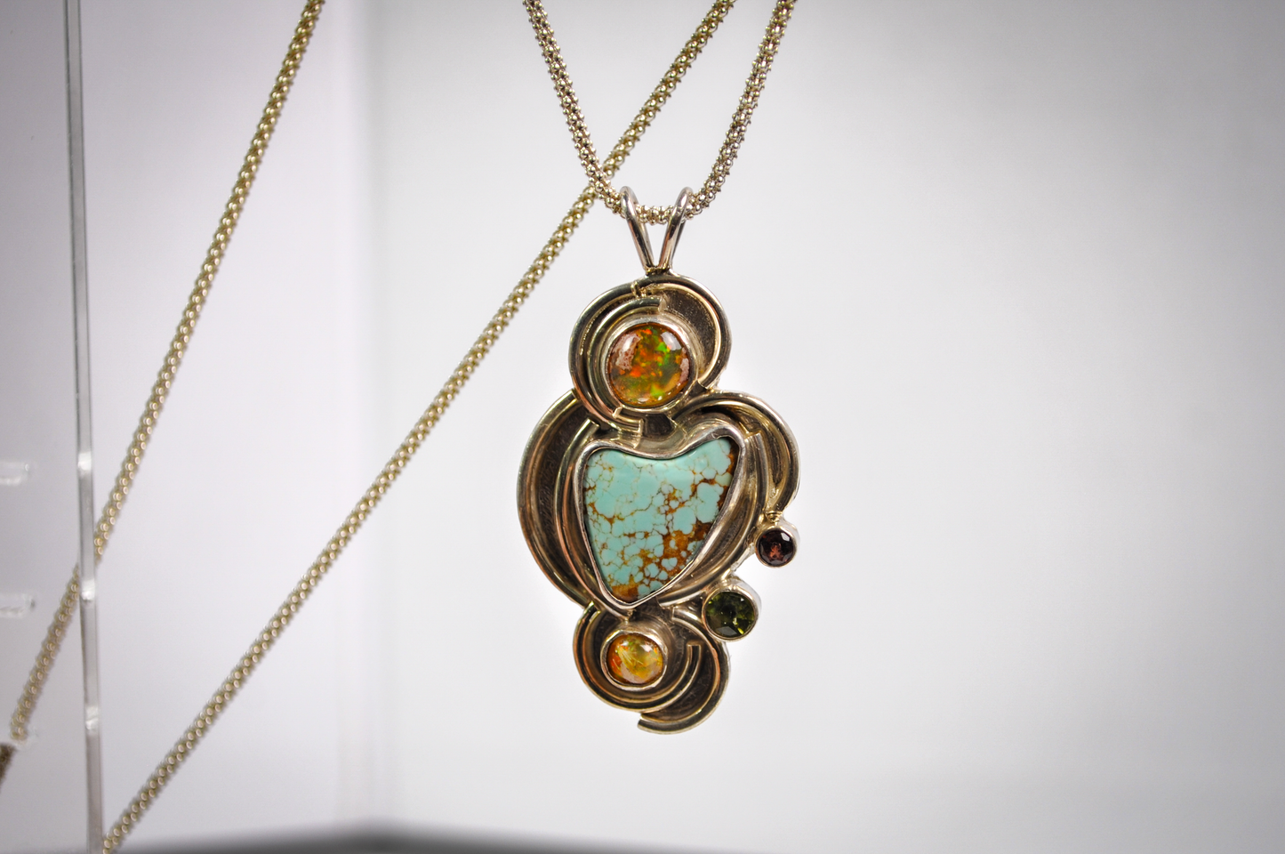 Vintage Abstract Turquoise and Mexican Fire Opal 925 Sterling Necklace - Sterling .925 Deep Matrix Turquoise & Fire Opal Necklace