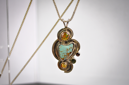 Vintage Abstract Turquoise and Mexican Fire Opal 925 Sterling Necklace - Sterling .925 Deep Matrix Turquoise & Fire Opal Necklace