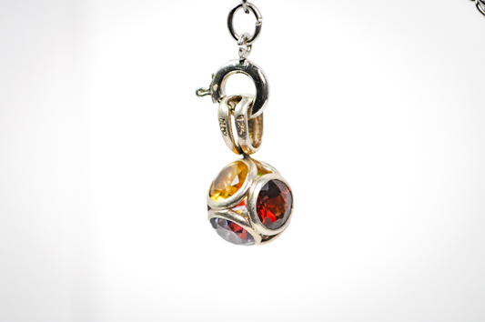 Sterling Silver Six Gemstone Circular Rainbow Bracelet Charm - Sterling Silver Pendant Spherical Design Holding Faceted Multicolor Stones