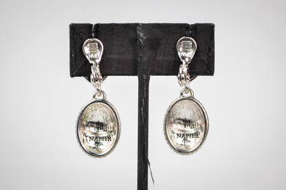 Vintage Napier Brand Double Oval Drop Clip-on Earrings - Stunning Silver Tone Oval Drop Costume Earrings