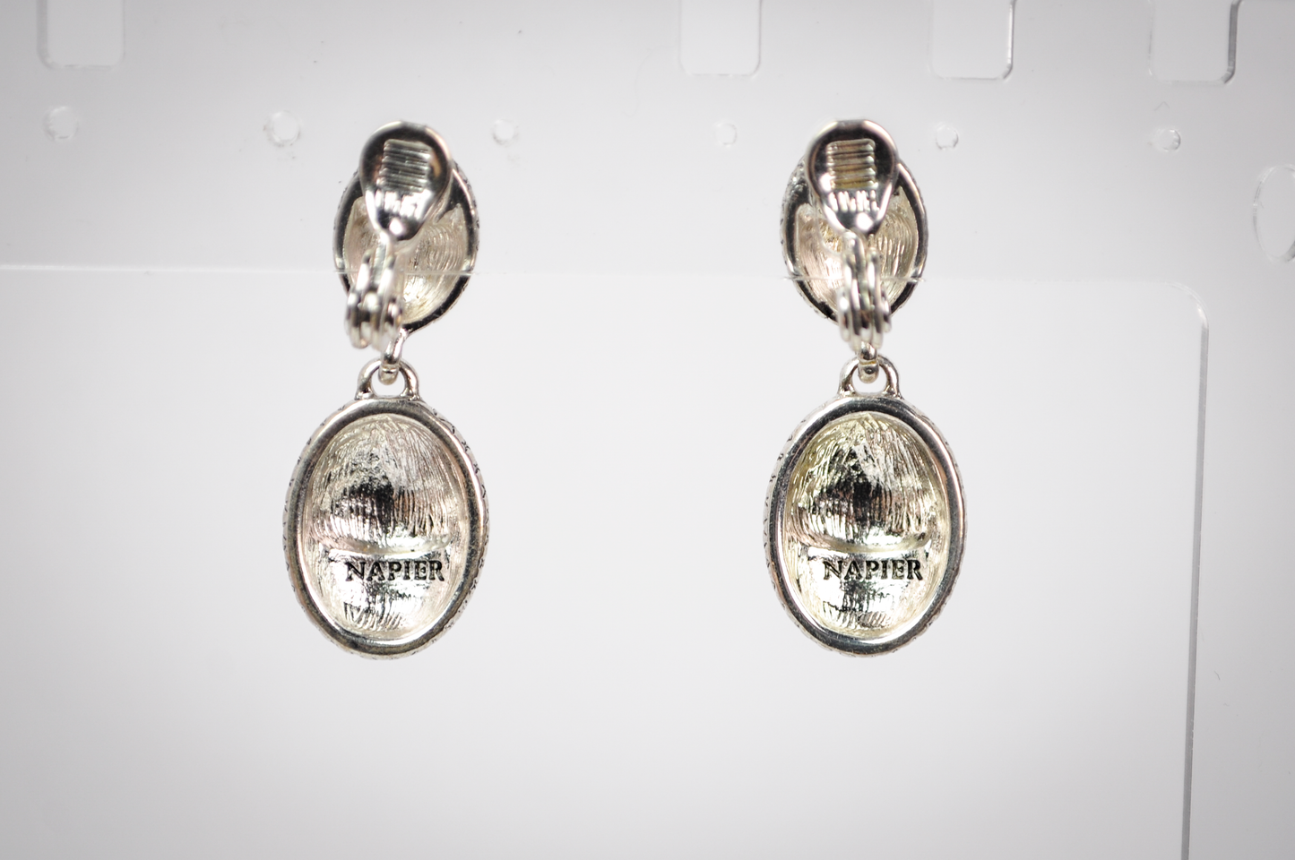Vintage Napier Brand Double Oval Drop Clip-on Earrings - Stunning Silver Tone Oval Drop Costume Earrings