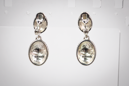 Vintage Napier Brand Double Oval Drop Clip-on Earrings - Stunning Silver Tone Oval Drop Costume Earrings