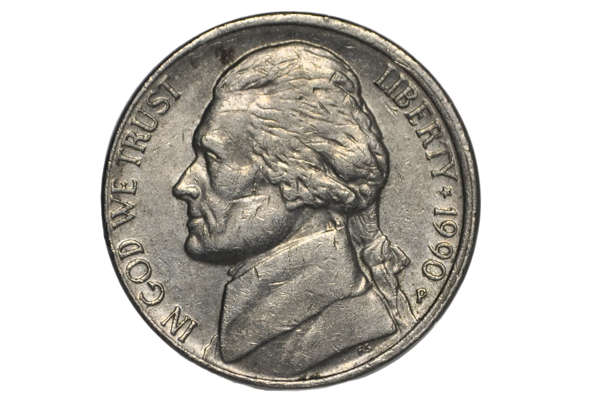 1990 P Jefferson Nickel Mint Error 4% Off-Center Strike - Struck 4% Off Center 1990 Jefferson Nickel Error
