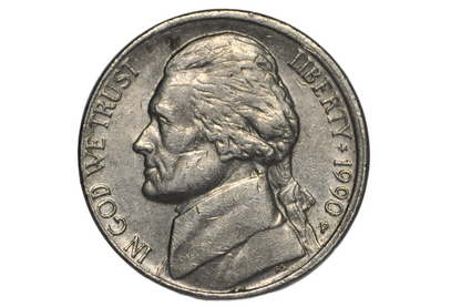 1990 P Jefferson Nickel Mint Error 4% Off-Center Strike - Struck 4% Off Center 1990 Jefferson Nickel Error