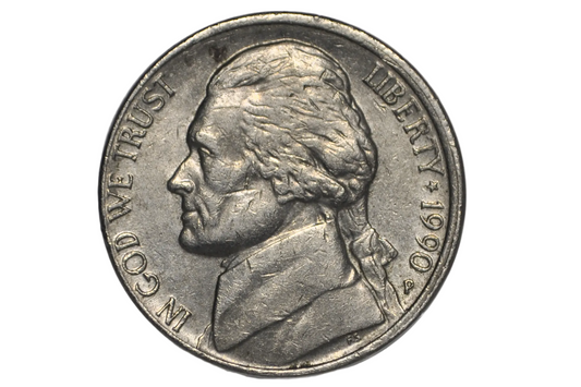 1990 P Jefferson Nickel Mint Error 4% Off-Center Strike - Struck 4% Off Center 1990 Jefferson Nickel Error