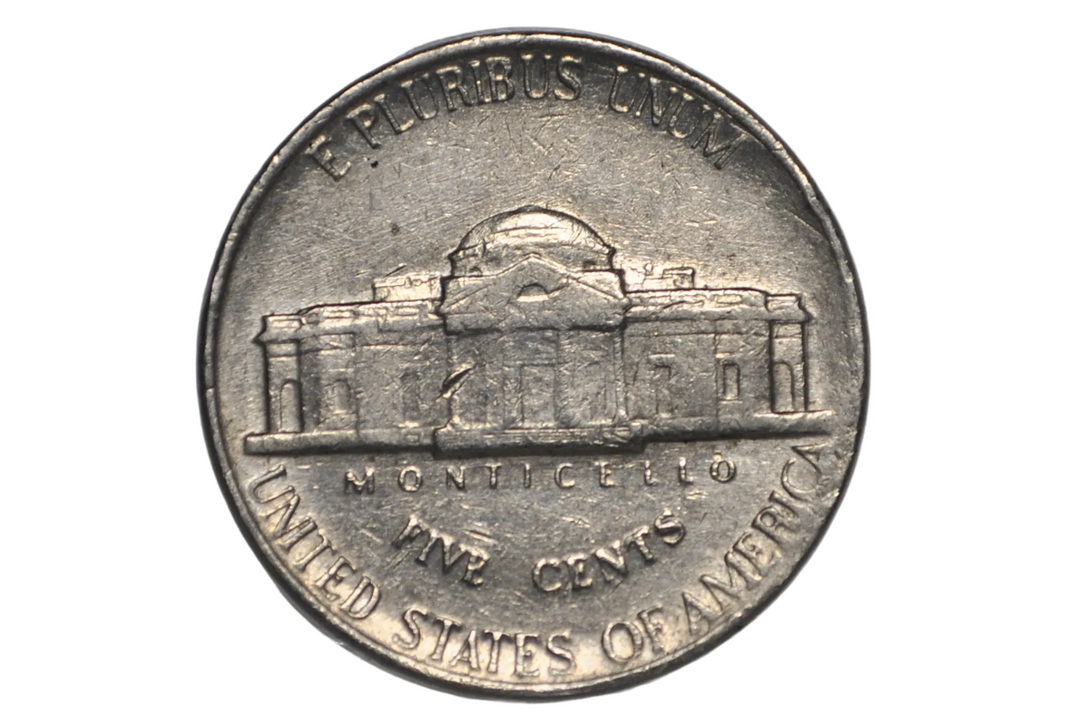 1990 P Jefferson Nickel Mint Error 4% Off-Center Strike - Struck 4% Off Center 1990 Jefferson Nickel Error