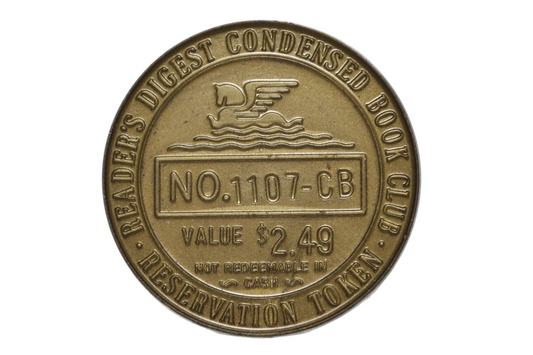 Vintage Reader's Digest Book Club Plastic Membership Promotional Token - Reader's Digest Condensed Book Club $2.49 Value Gold Plastic Token No. 1107-CB