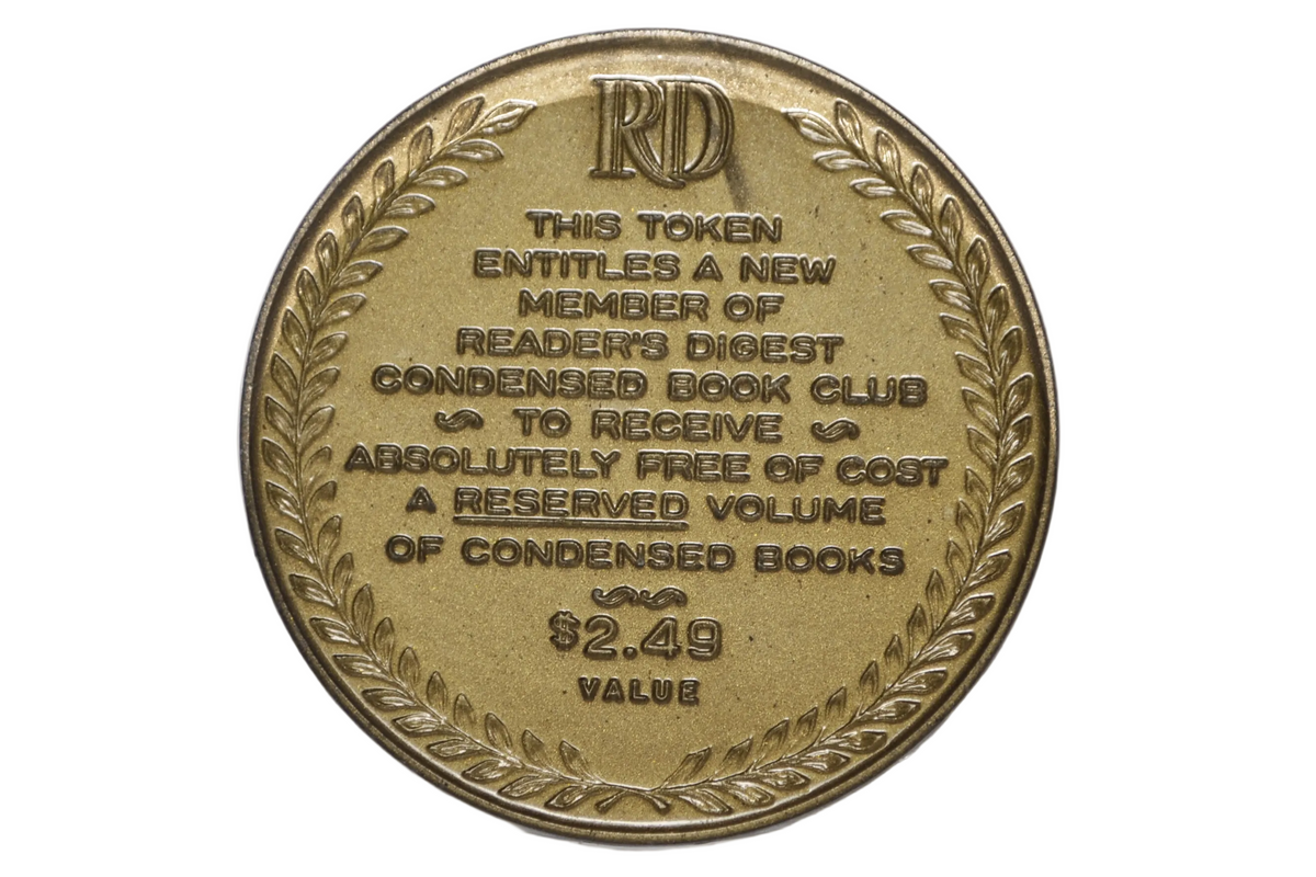 Vintage Reader's Digest Book Club Plastic Membership Promotional Token - Reader's Digest Condensed Book Club $2.49 Value Gold Plastic Token No. 1107-CB