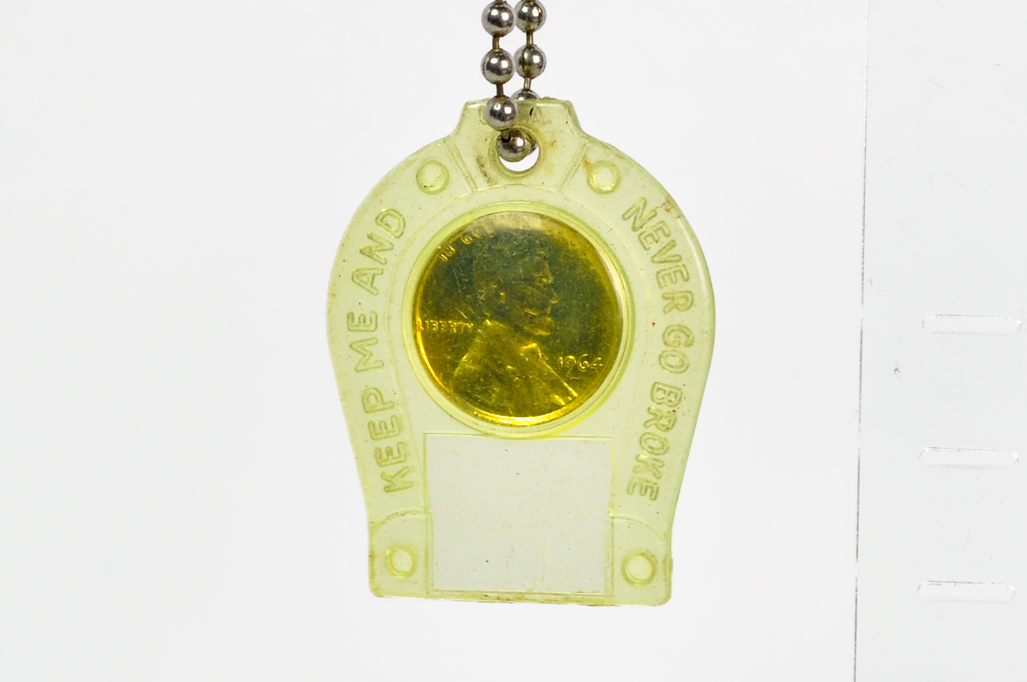 Mid-Century "Keep Me And Never Go Broke" Lucky Penny Keychain 1964 Penny - Retro 1964 Plated Lucky Penny Horseshoe Charm with Vintage Mt Vernon NY Stamped Ball Chain