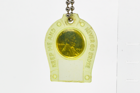 Mid-Century "Keep Me And Never Go Broke" Lucky Penny Keychain 1964 Penny - Retro 1964 Plated Lucky Penny Horseshoe Charm with Vintage Mt Vernon NY Stamped Ball Chain