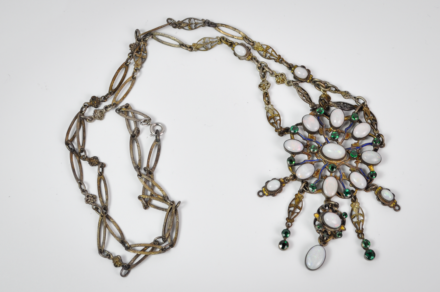 Late 19th-Century Austro-Hungarian Opal and Green Tourmaline Silver Necklace - Antique Austro-Hungarian Opal & Tourmaline Silver Statement Necklace