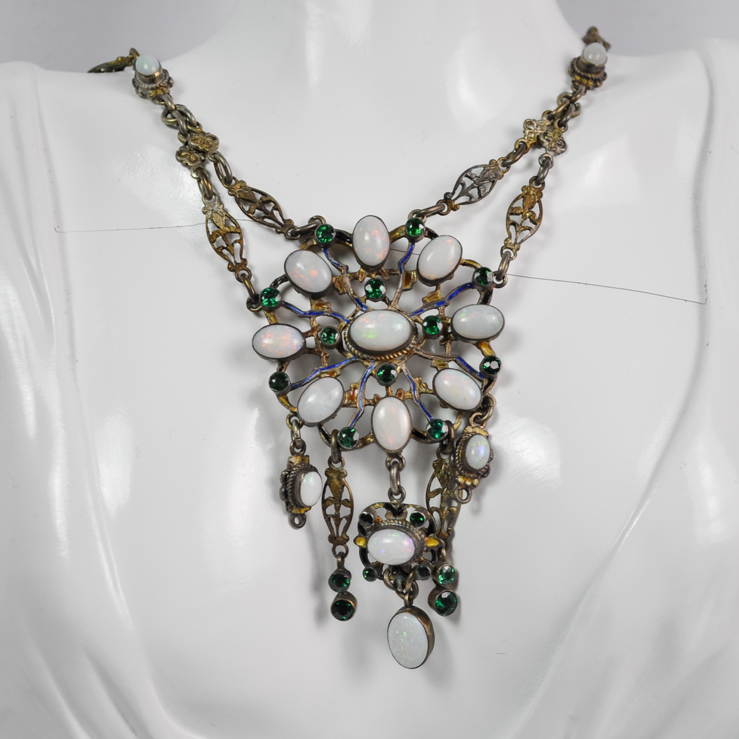 Late 19th-Century Austro-Hungarian Opal and Green Tourmaline Silver Necklace - Antique Austro-Hungarian Opal & Tourmaline Silver Statement Necklace