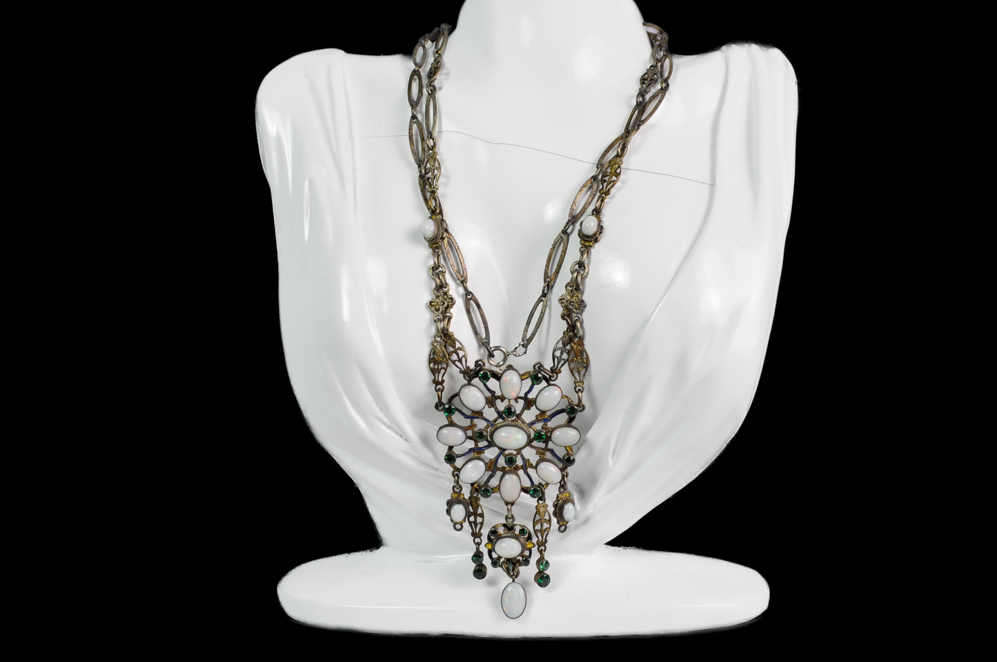 Late 19th-Century Austro-Hungarian Opal and Green Tourmaline Silver Necklace - Antique Austro-Hungarian Opal & Tourmaline Silver Statement Necklace