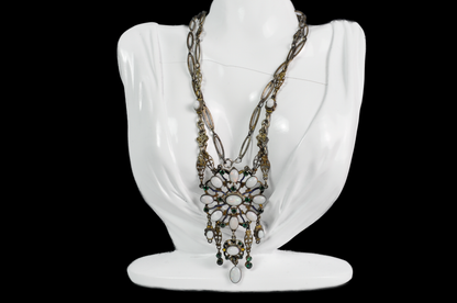 Late 19th-Century Austro-Hungarian Opal and Green Tourmaline Silver Necklace - Antique Austro-Hungarian Opal & Tourmaline Silver Statement Necklace