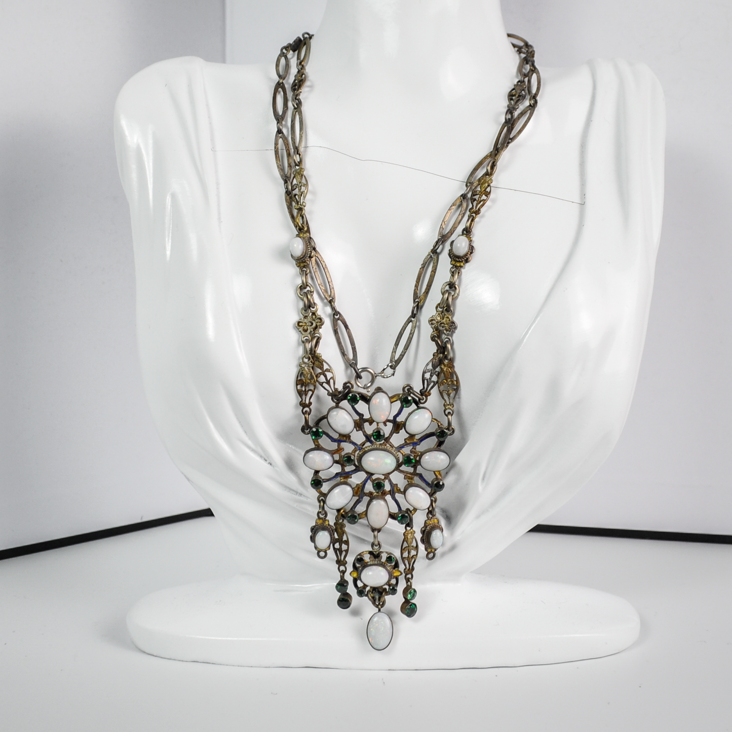 Late 19th-Century Austro-Hungarian Opal and Green Tourmaline Silver Necklace - Antique Austro-Hungarian Opal & Tourmaline Silver Statement Necklace