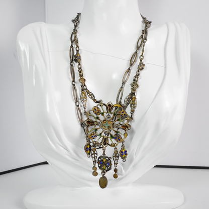 Late 19th-Century Austro-Hungarian Opal and Green Tourmaline Silver Necklace - Antique Austro-Hungarian Opal & Tourmaline Silver Statement Necklace