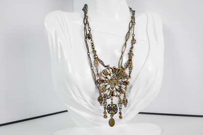 Late 19th-Century Austro-Hungarian Opal and Green Tourmaline Silver Necklace - Antique Austro-Hungarian Opal & Tourmaline Silver Statement Necklace