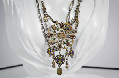 Late 19th-Century Austro-Hungarian Opal and Green Tourmaline Silver Necklace - Antique Austro-Hungarian Opal & Tourmaline Silver Statement Necklace