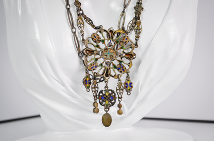 Late 19th-Century Austro-Hungarian Opal and Green Tourmaline Silver Necklace - Antique Austro-Hungarian Opal & Tourmaline Silver Statement Necklace