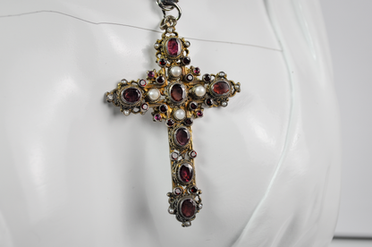Antique Renaissance Revival .800 Silver Garnet & Pearl Cross Pendant Sweden Import - Antique European .800 Silver Gilt Rhodolite Garnet and Pearl Cross Pendant
