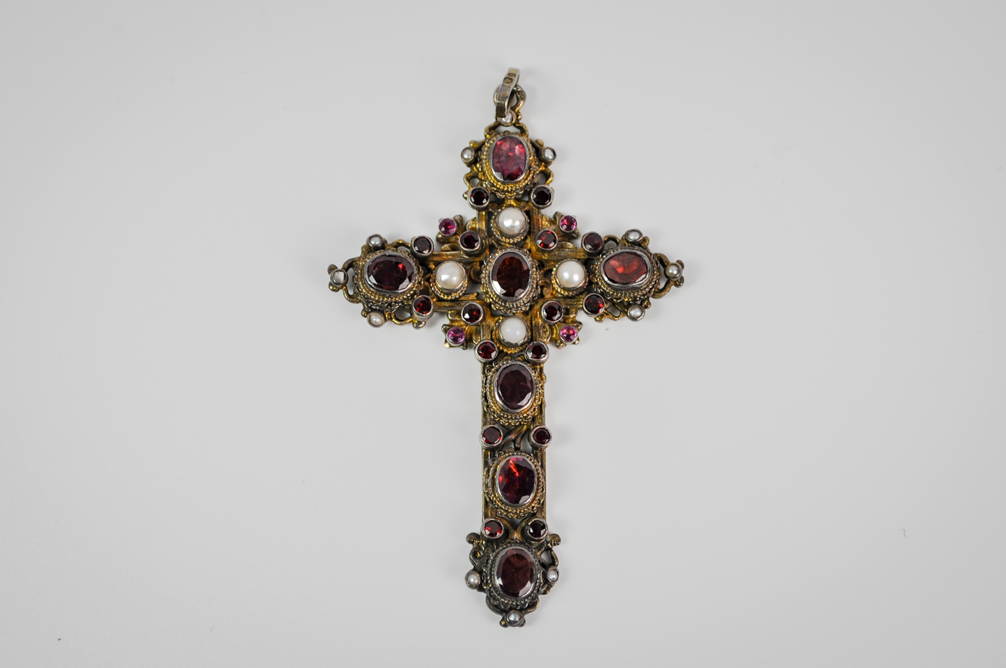 Antique Renaissance Revival .800 Silver Garnet & Pearl Cross Pendant Sweden Import - Antique European .800 Silver Gilt Rhodolite Garnet and Pearl Cross Pendant