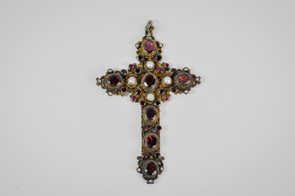 Antique Renaissance Revival .800 Silver Garnet & Pearl Cross Pendant Sweden Import - Antique European .800 Silver Gilt Rhodolite Garnet and Pearl Cross Pendant