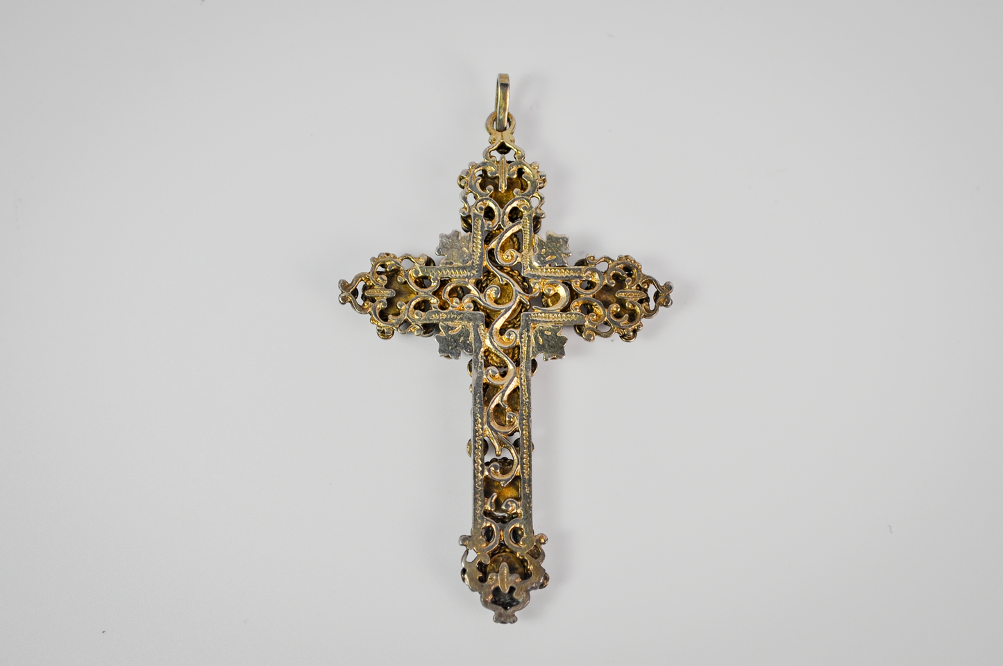 Antique Renaissance Revival .800 Silver Garnet & Pearl Cross Pendant Sweden Import - Antique European .800 Silver Gilt Rhodolite Garnet and Pearl Cross Pendant