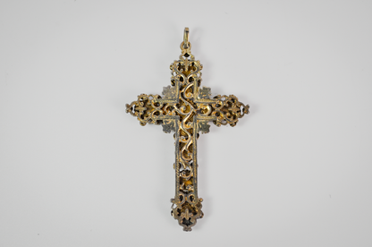 Antique Renaissance Revival .800 Silver Garnet & Pearl Cross Pendant Sweden Import - Antique European .800 Silver Gilt Rhodolite Garnet and Pearl Cross Pendant