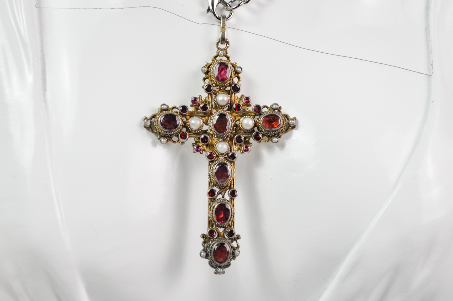 Antique Renaissance Revival .800 Silver Garnet & Pearl Cross Pendant Sweden Import - Antique European .800 Silver Gilt Rhodolite Garnet and Pearl Cross Pendant