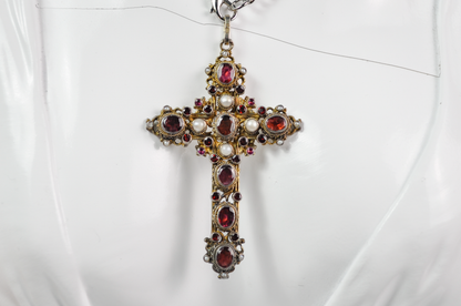 Antique Renaissance Revival .800 Silver Garnet & Pearl Cross Pendant Sweden Import - Antique European .800 Silver Gilt Rhodolite Garnet and Pearl Cross Pendant