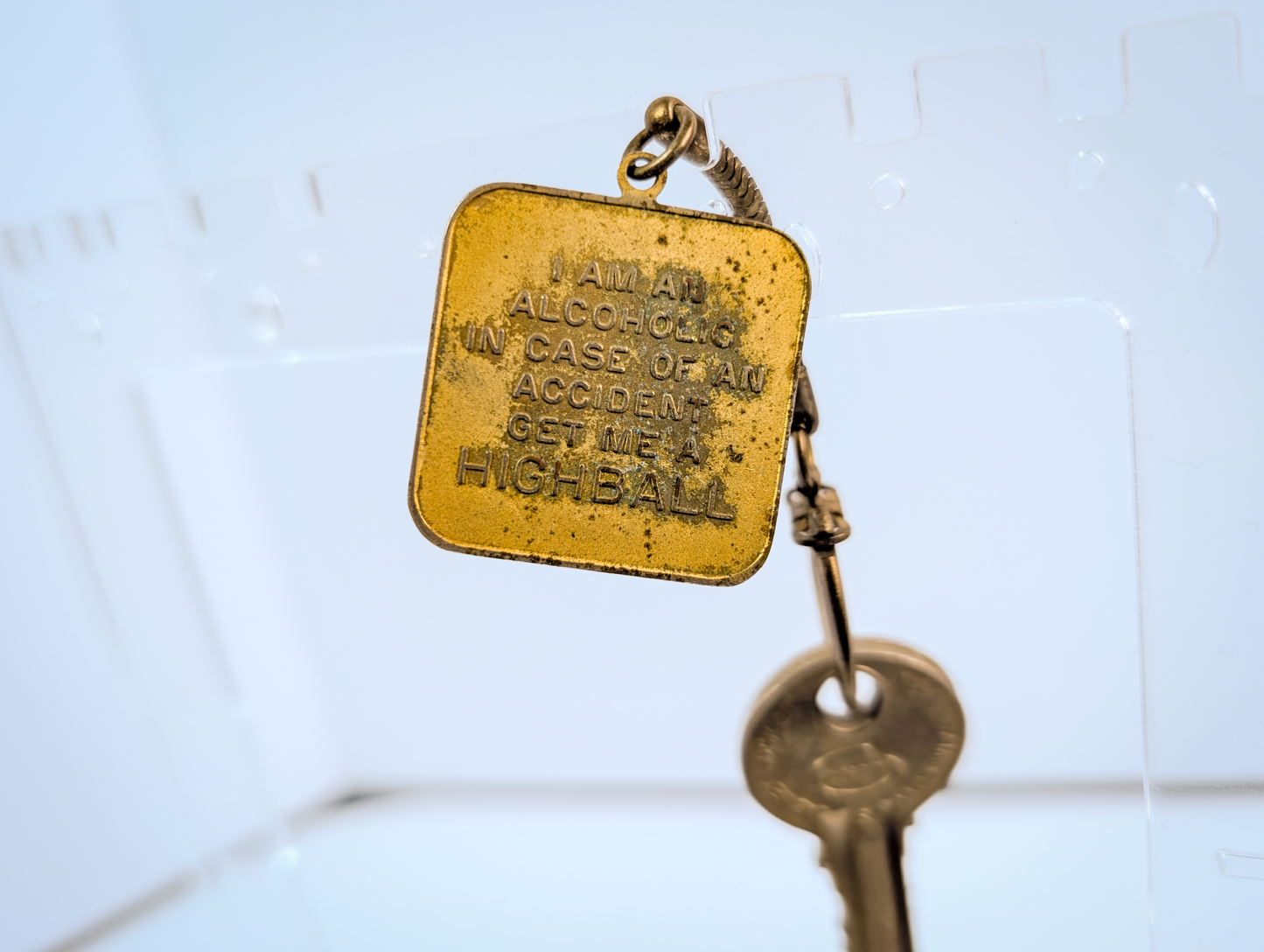 Vintage Brass Highball Joke Keyring - "In Case Of An Accident Get Me A Highball" Fob with International Drinking Cheers Toasts