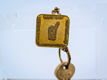 Vintage Brass Highball Joke Keyring - "In Case Of An Accident Get Me A Highball" Fob with International Drinking Cheers Toasts