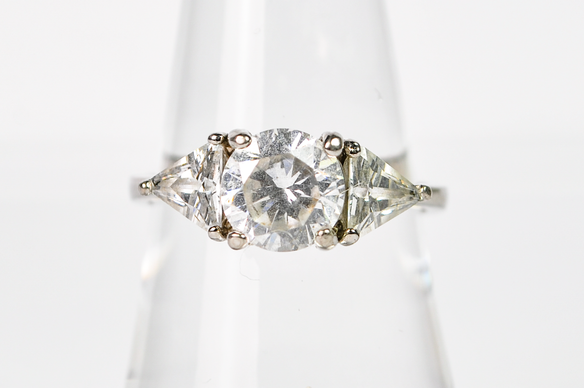 Vintage Style Sterling Silver Ring Size 8 Three Stone Round Cubic Zirconia - Sterling Silver 925 Faux Diamond Engagement Ring Sz 8