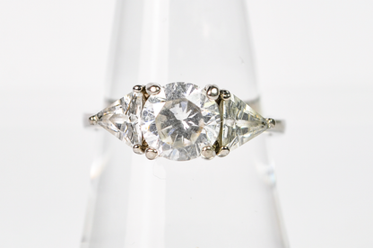 Vintage Style Sterling Silver Ring Size 8 Three Stone Round Cubic Zirconia - Sterling Silver 925 Faux Diamond Engagement Ring Sz 8