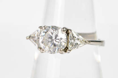 Vintage Style Sterling Silver Ring Size 8 Three Stone Round Cubic Zirconia - Sterling Silver 925 Faux Diamond Engagement Ring Sz 8